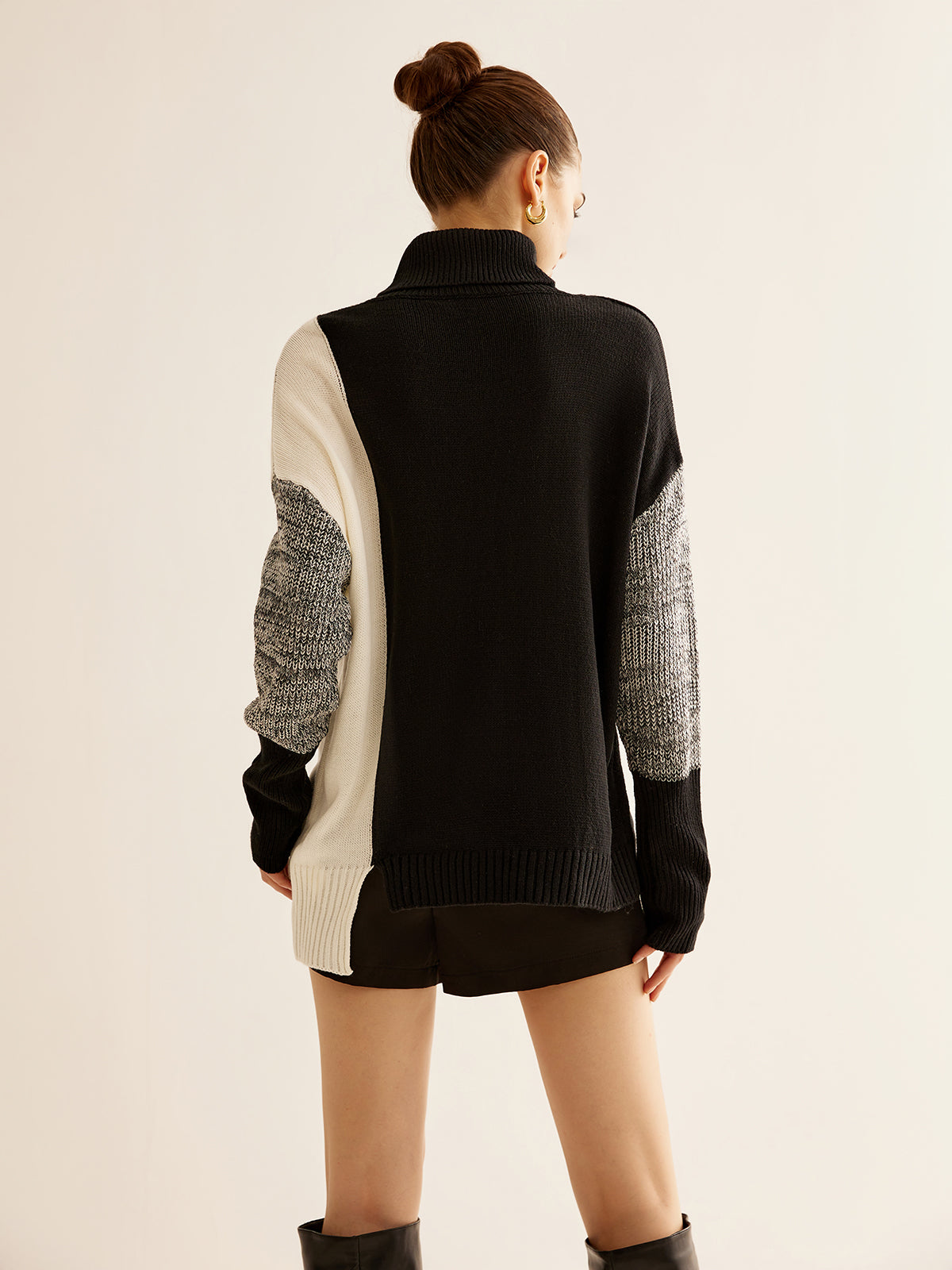 Büyük Boy Balıkçı Yaka Renk Bloklu Örgü Üst