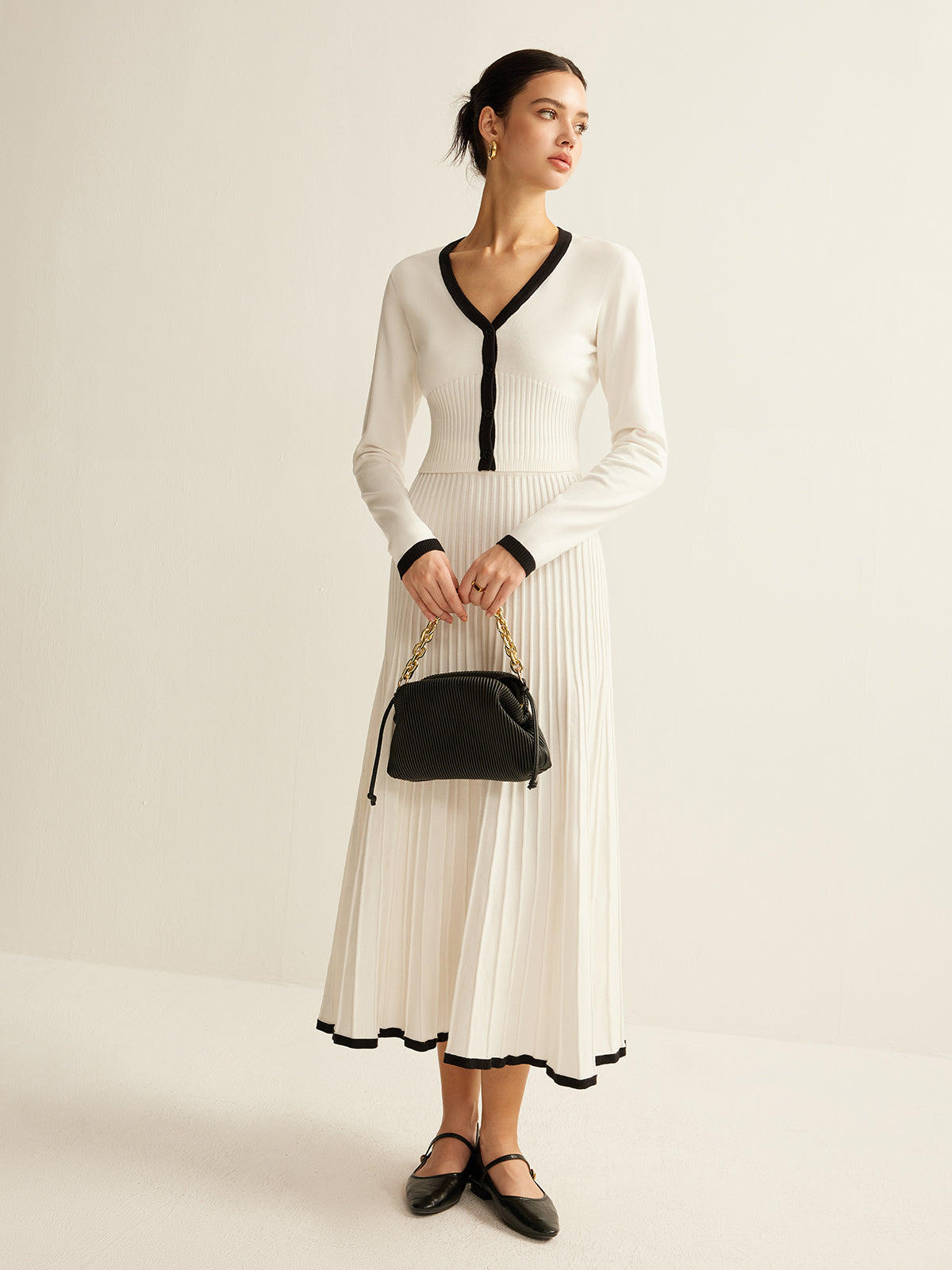 Kontrast Kesim Pileli Örgü Etek Takımı