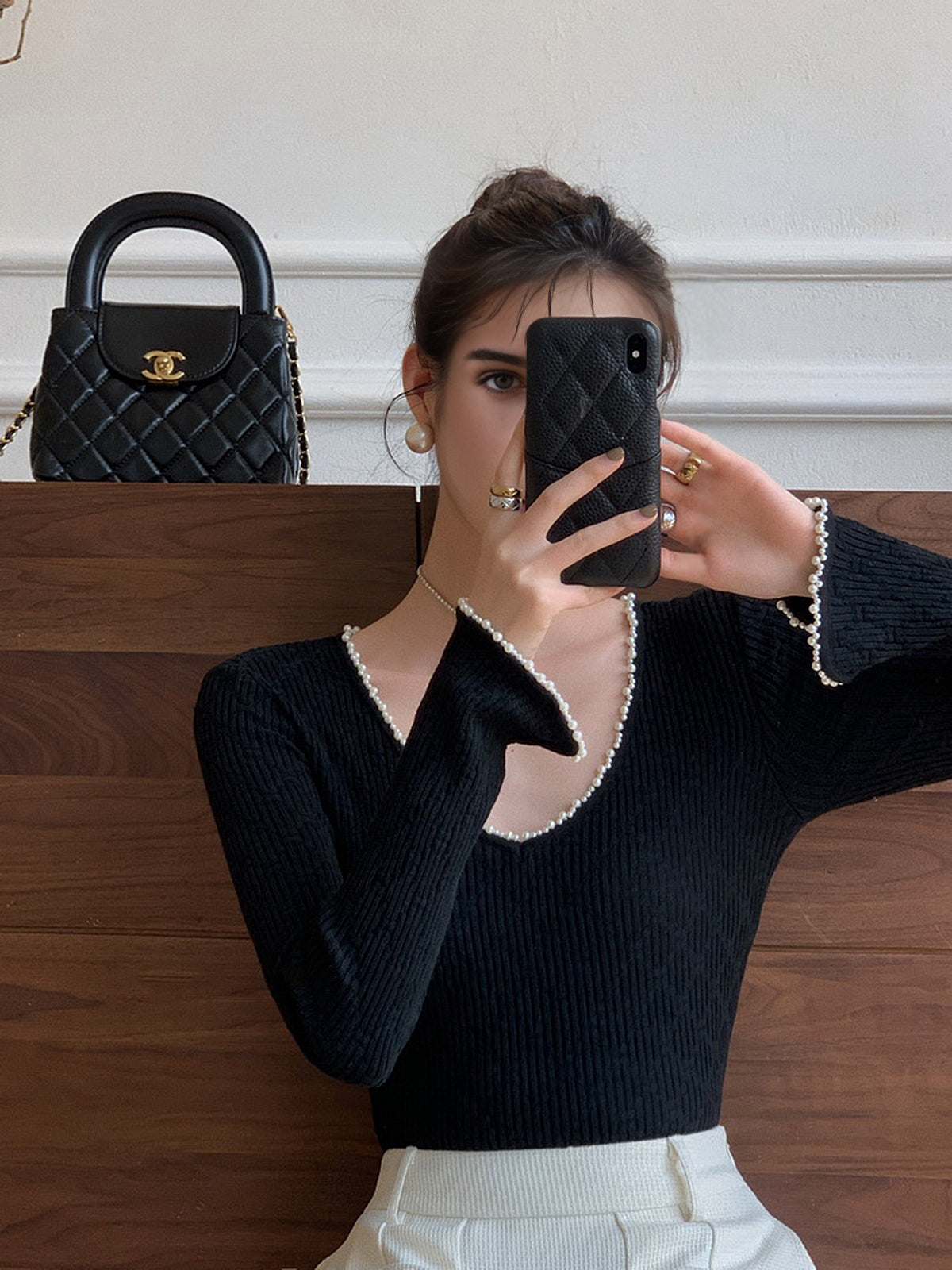 V Yaka İnci Detaylı Örgü Üst