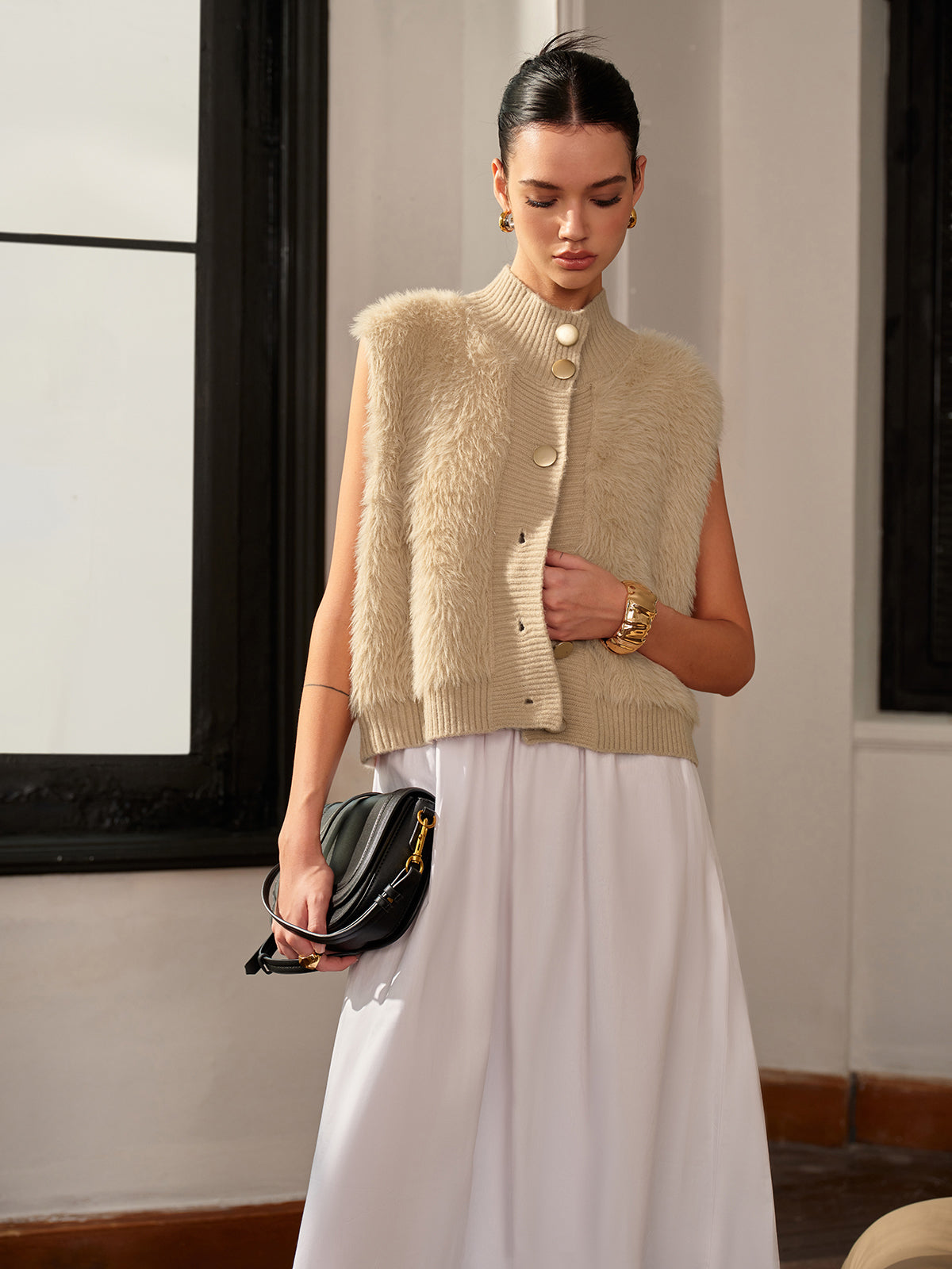 Balıkçı Yaka Düğmeli Tüylü Yelek