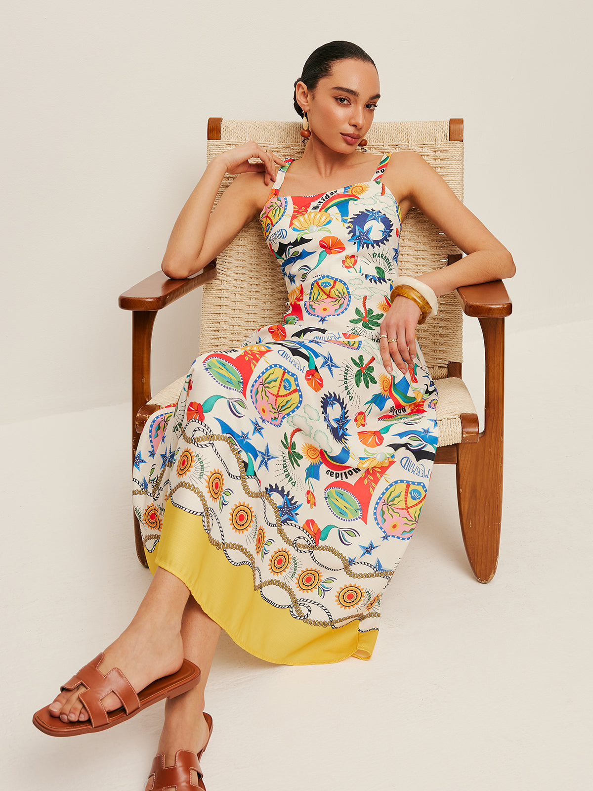 Renkli Baskılı Askılı Elbise