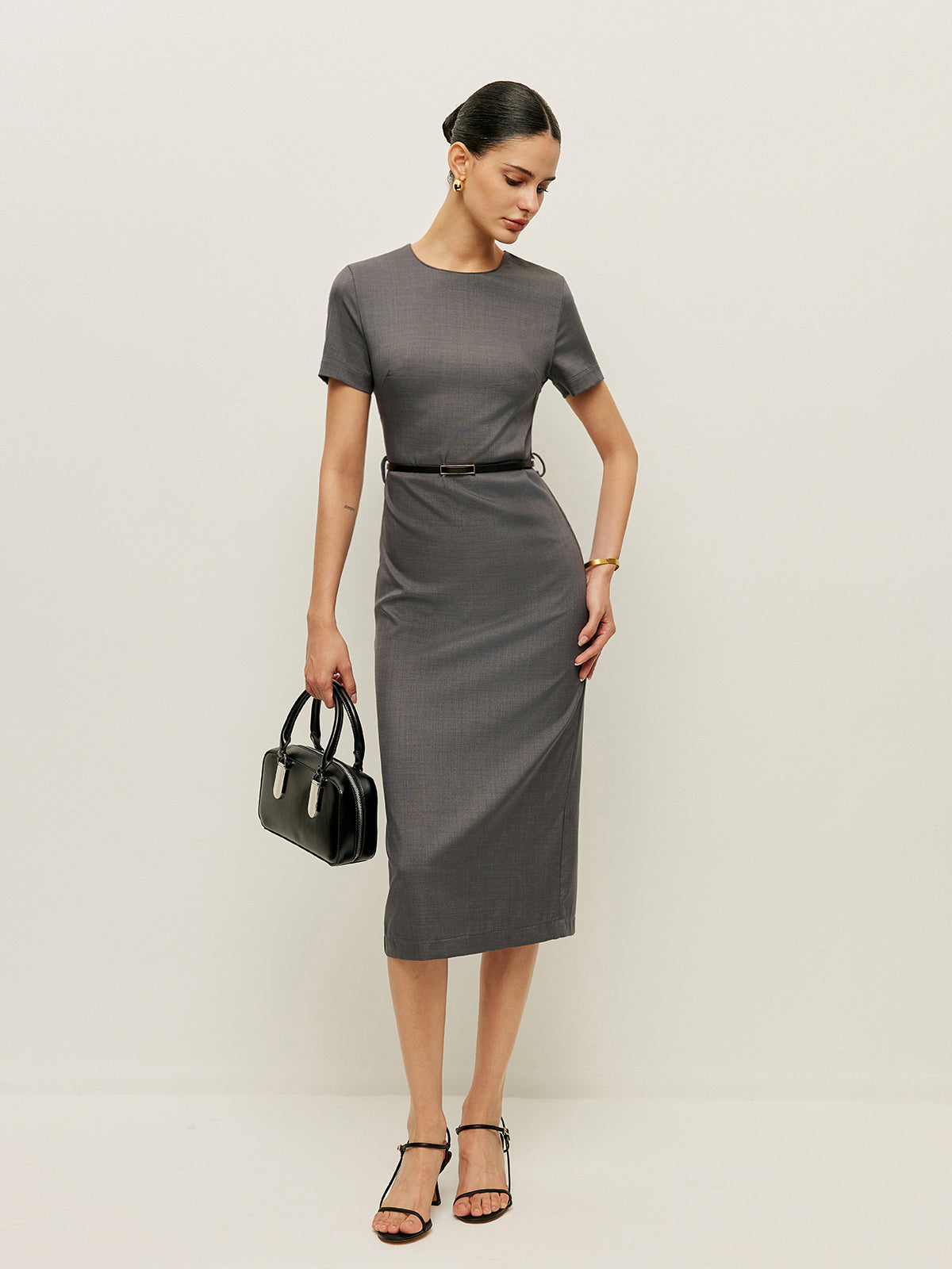 Kemerli Kısa Kollu Kalem Elbise