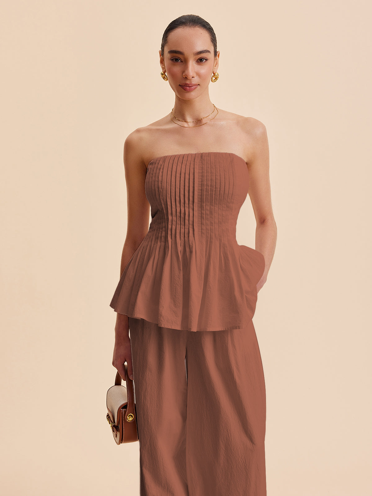 Pamuklu Pileli Straplez Peplum Üst