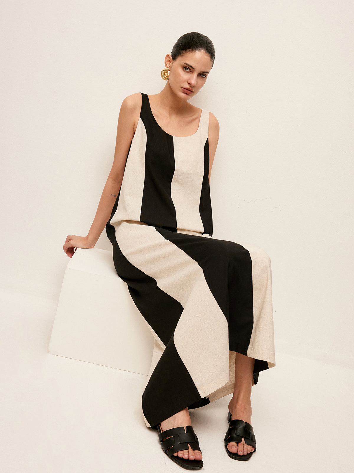 Pamuk ve Keten Çizgili Kolsuz Elbise