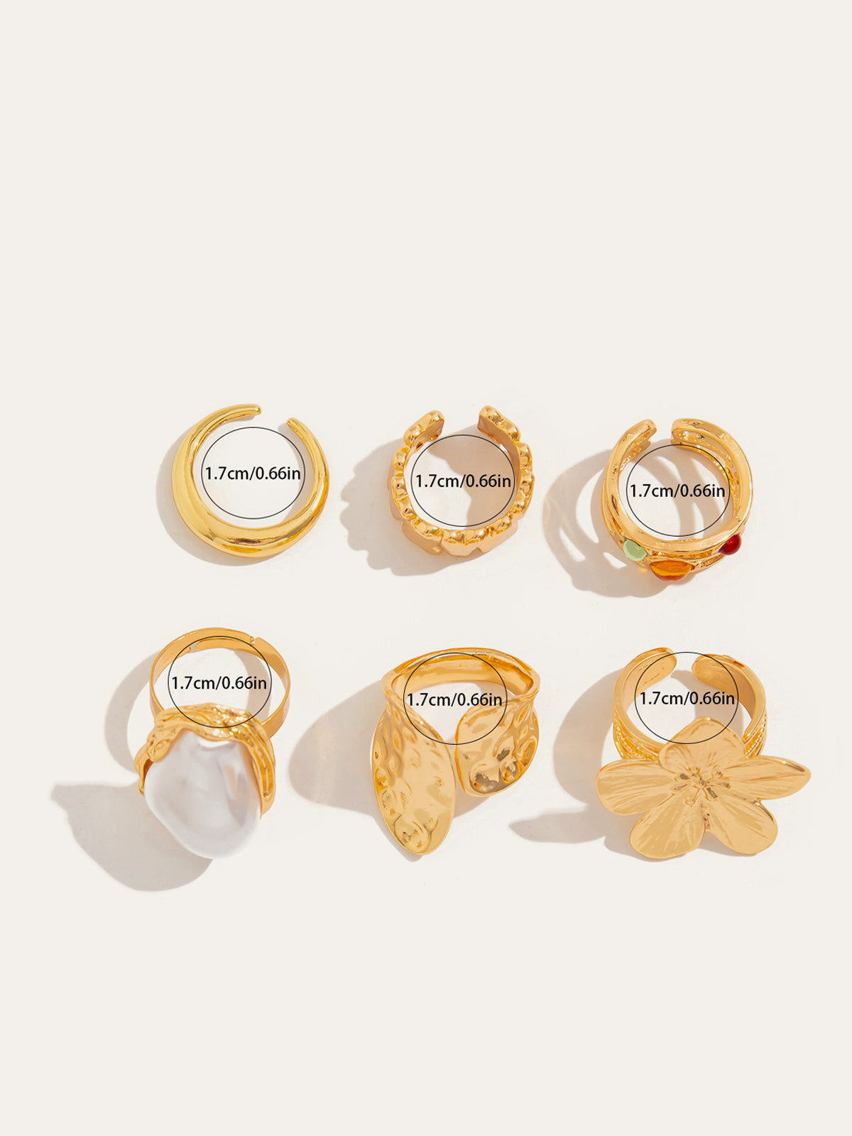 İnci ve Çiçek Desenli Altı Parçalı Gösterişli Yüzük Seti