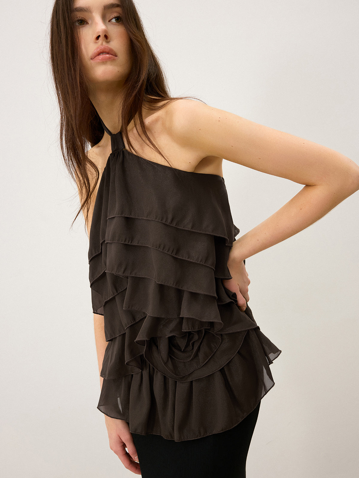 3D Çiçekli Katlı Volanlı Şifon Askılı Üst