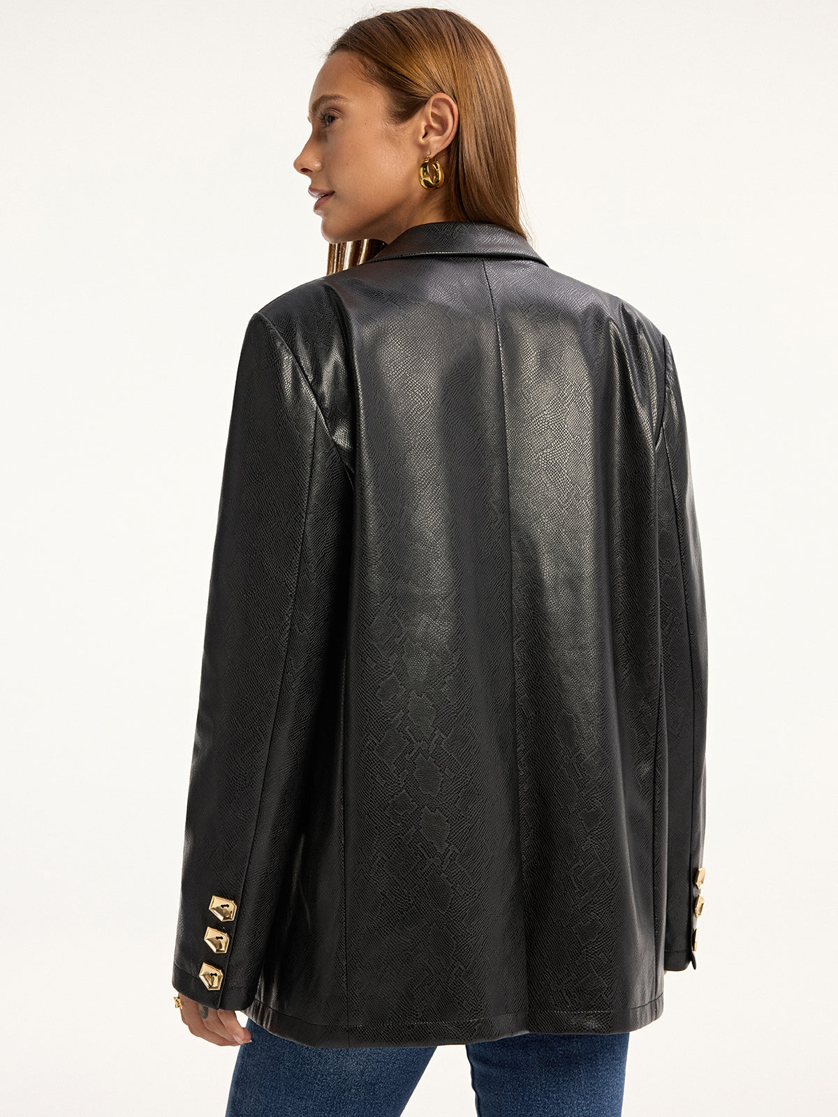 Yılan Desenli Metal Düğmeli PU Deri Blazer