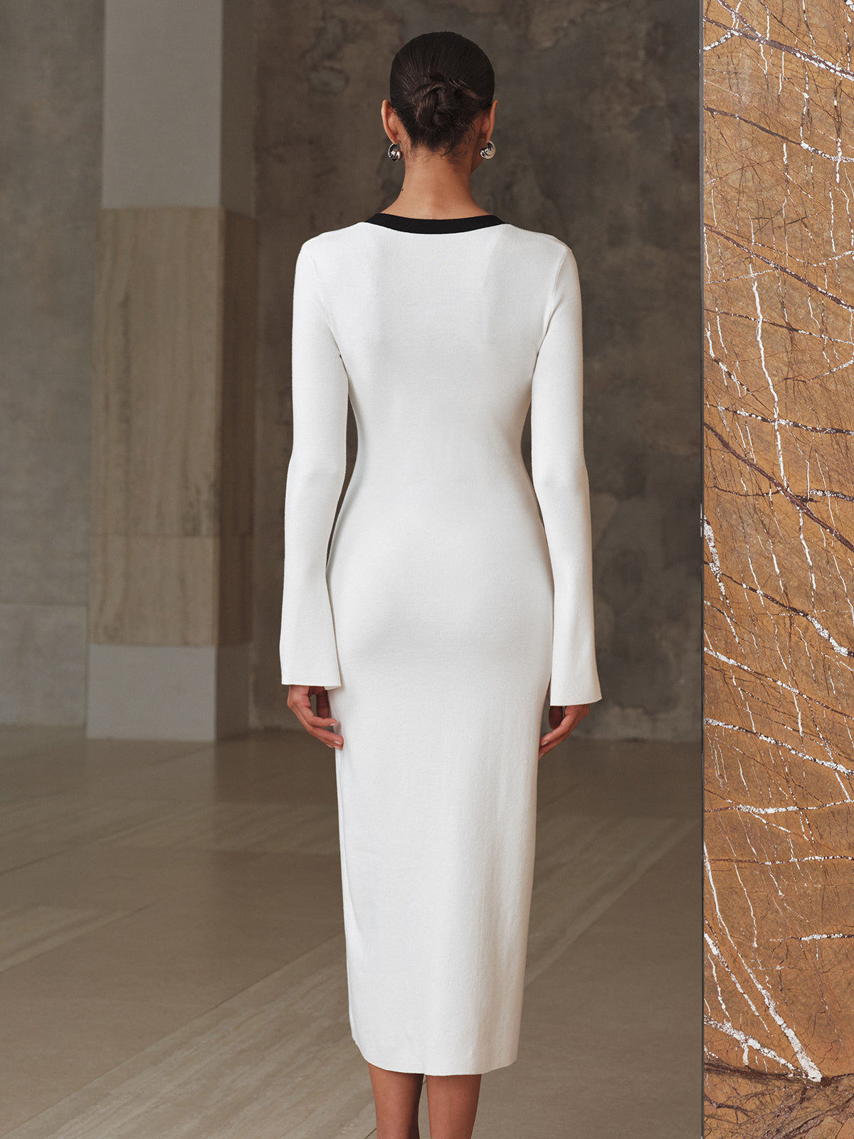 Kontrast Kesimli Örme Uzun Elbise