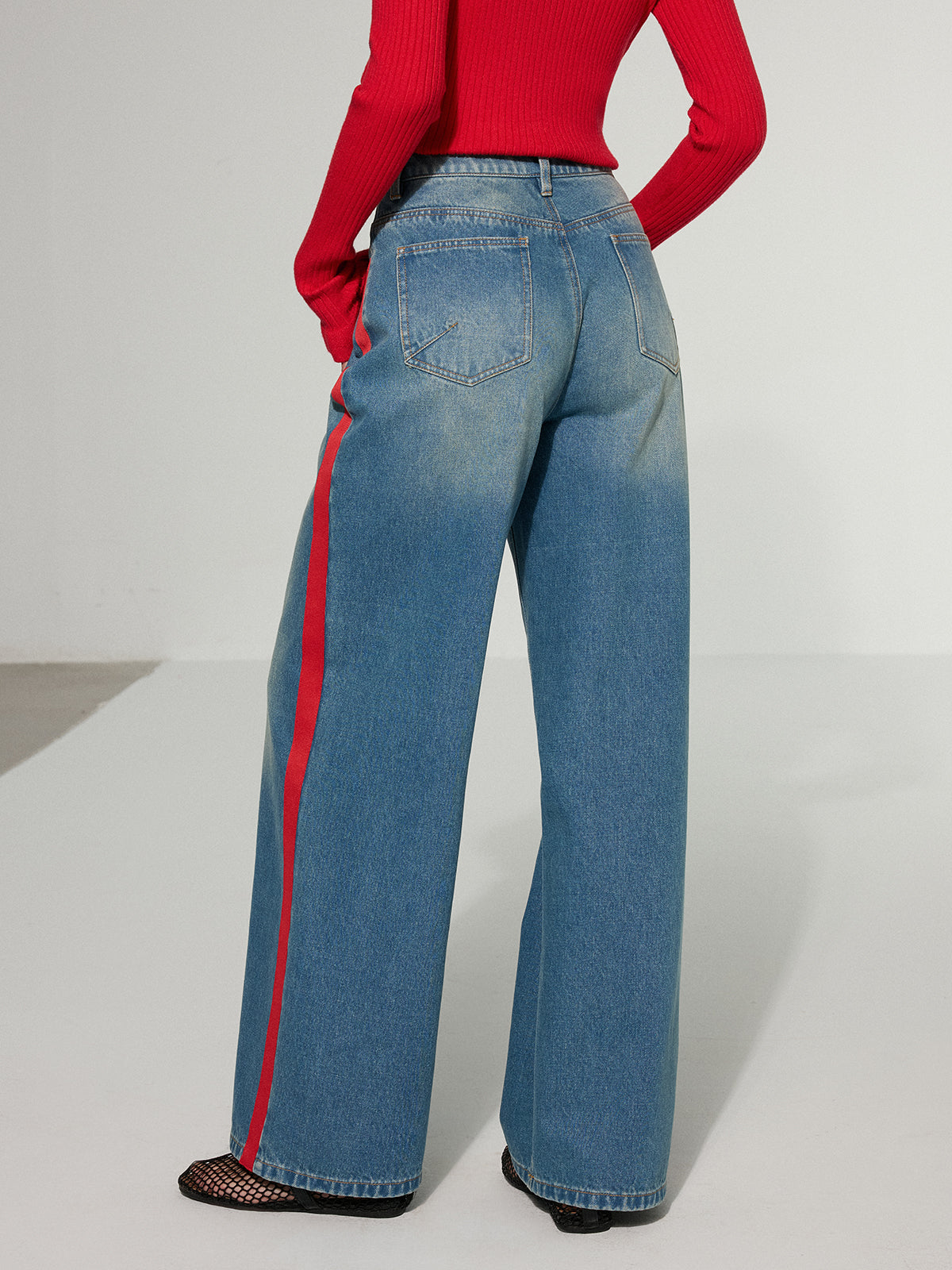 Kontrast Yan Çizgili Geniş Paça Kot Pantolon