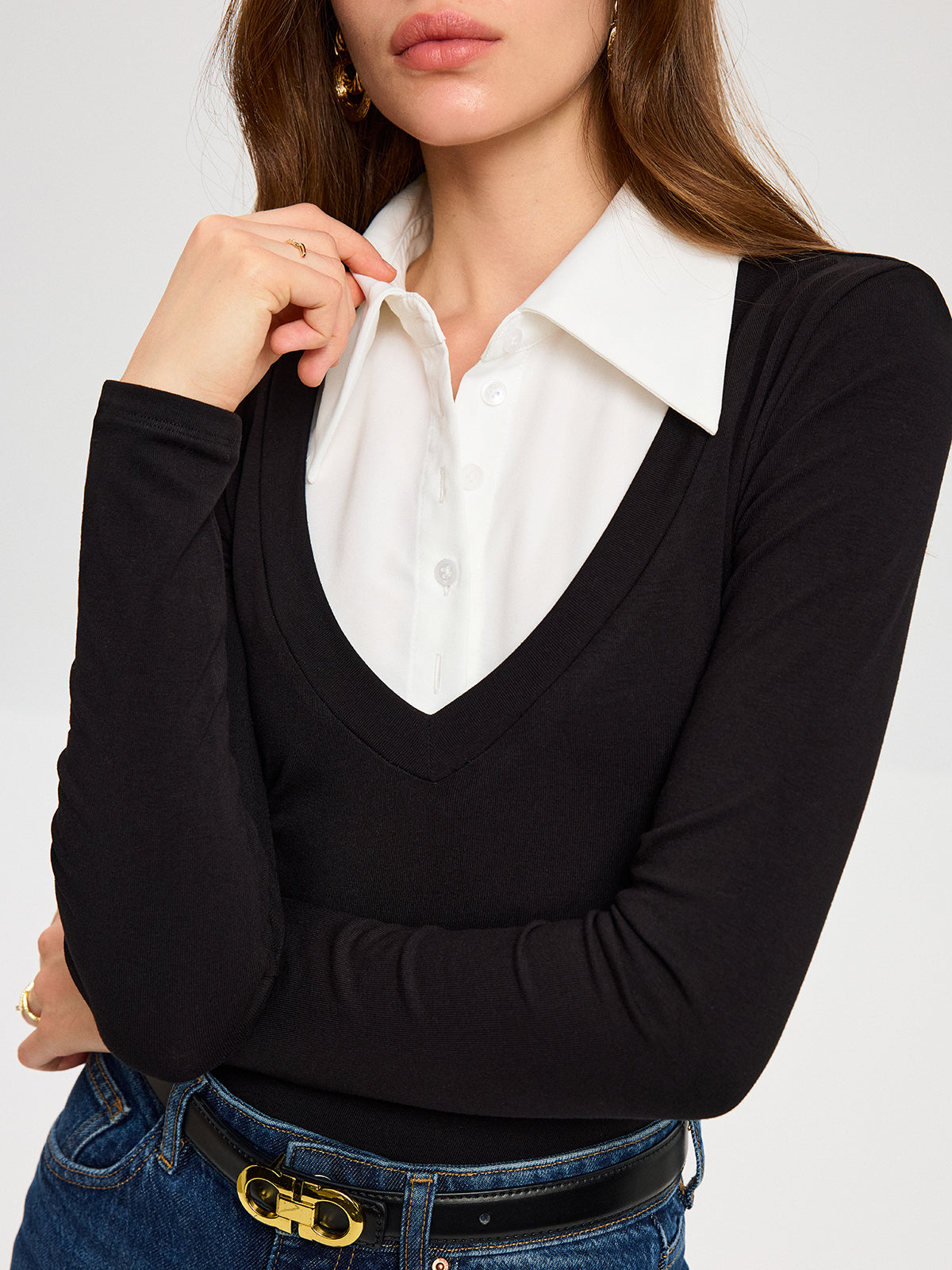 Yüksek Esneklikli Kontrastlı Gömlek Yaka Örgü Body