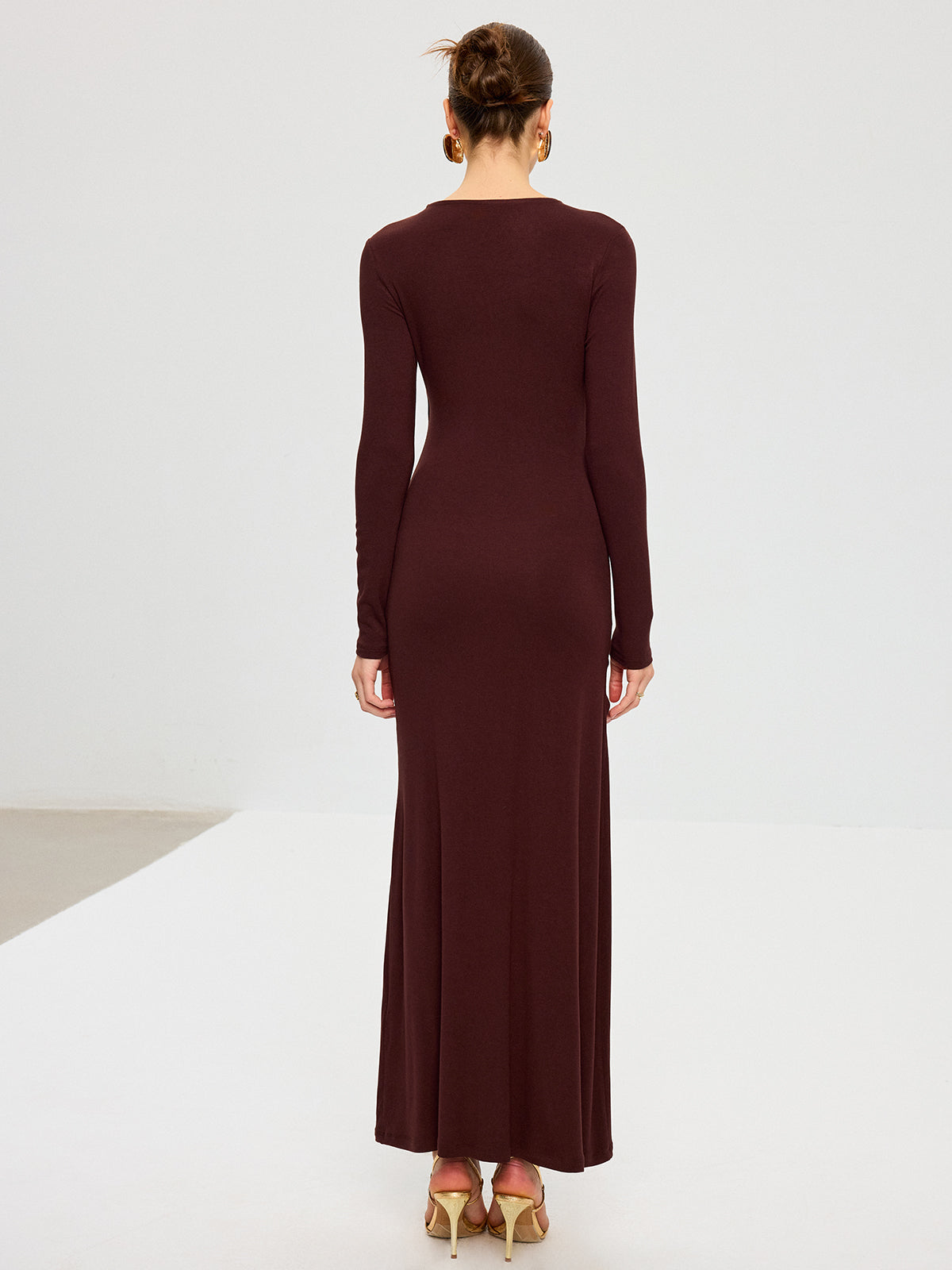 Metal Detaylı Uzun Kollu Drapeli Maksi Elbise