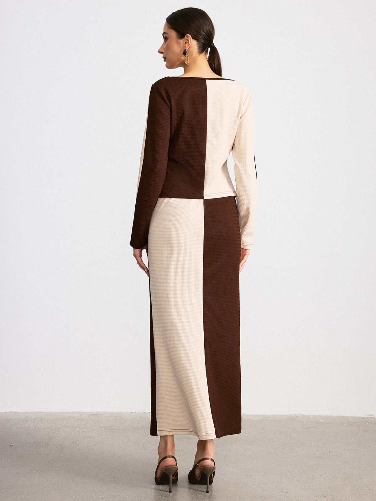 İki Renkli Waffle Örgü Üst ve Etek Takımı