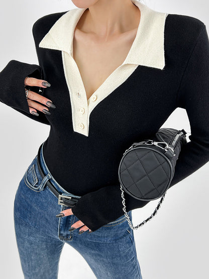 Kontrast Kesim Düğmeli Kaburga Gömlek