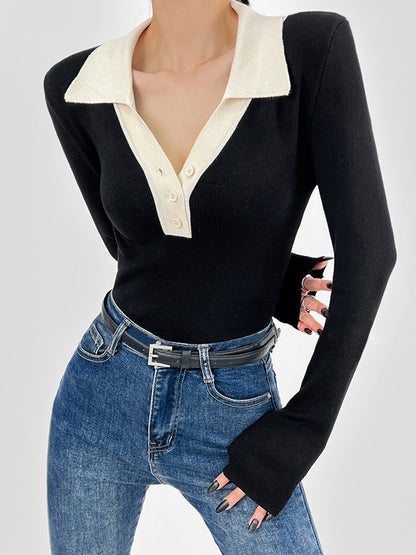 Kontrast Kesim Düğmeli Kaburga Gömlek