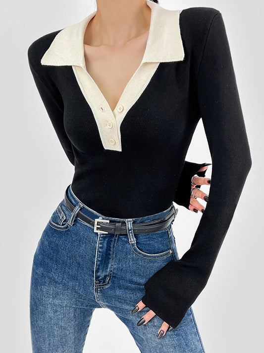 Kontrast Kesim Düğmeli Kaburga Gömlek
