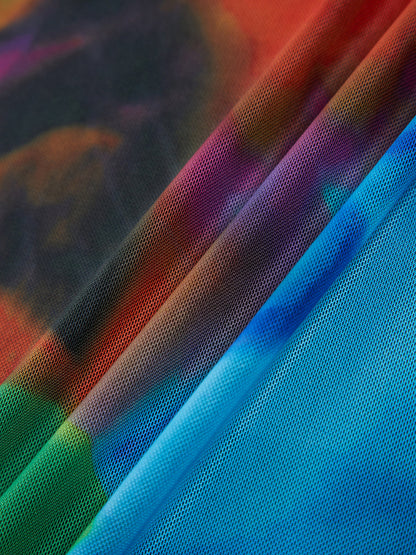 Tül Baskılı File Askısız Tüp Midi Elbise