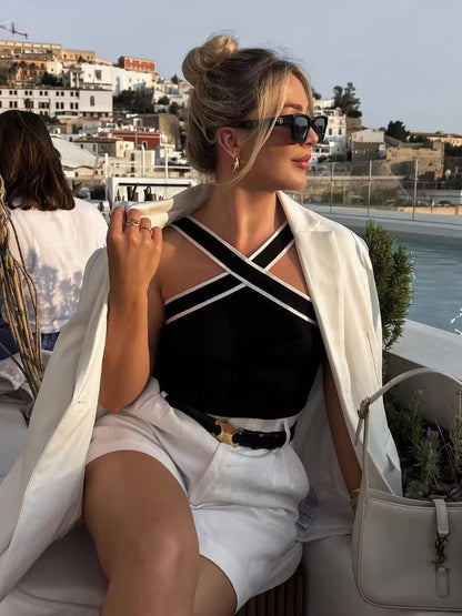 Kontrast Kesim Askılı Örgü Üst