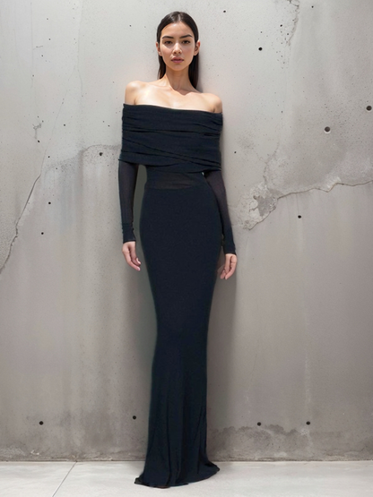 Yarı Şeffaf Omuzdan Bağlamalı Uzun Kollu File Elbise