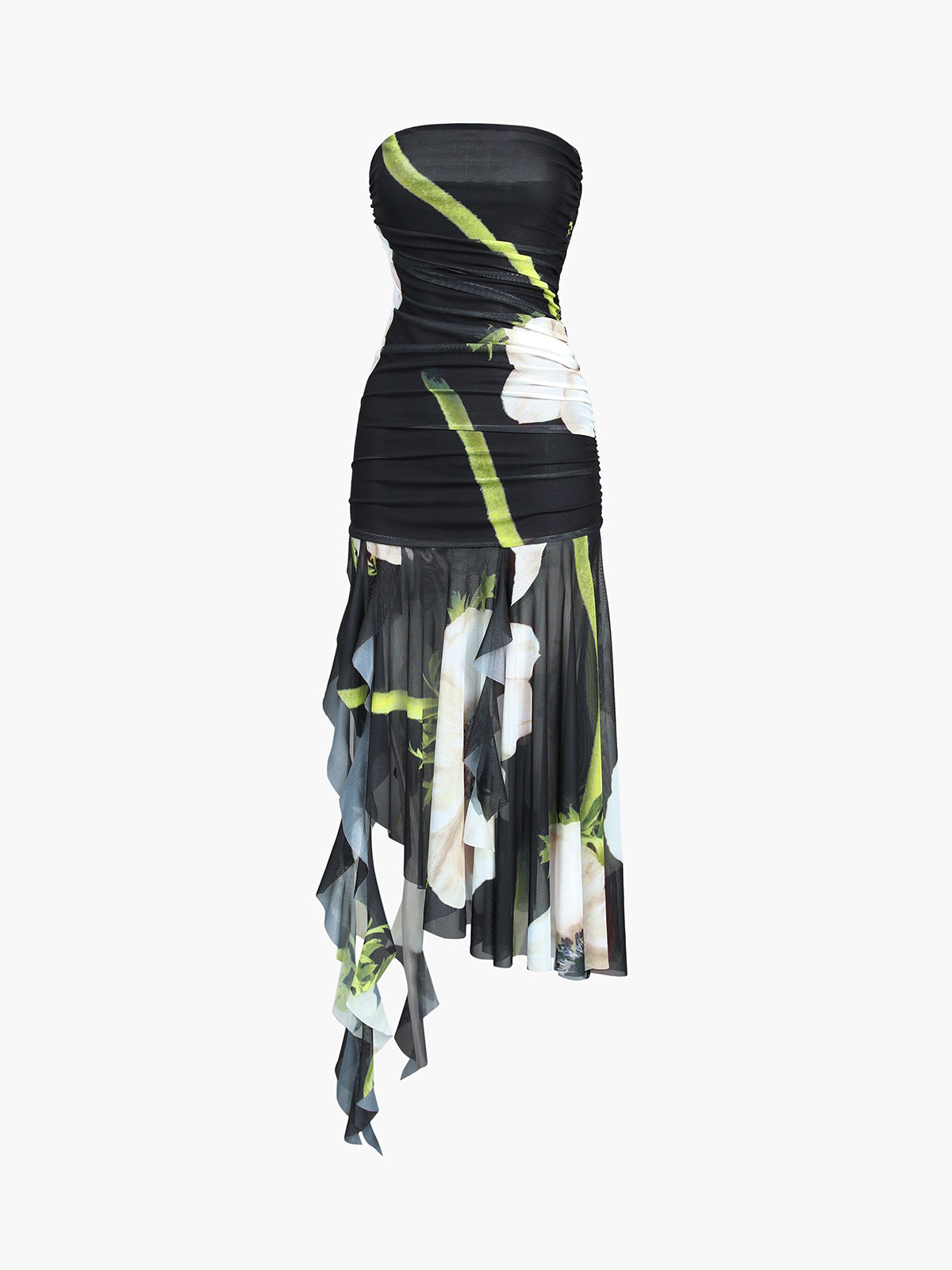 Gardenya Çiçekli File Pileli Tüp Midi Elbise