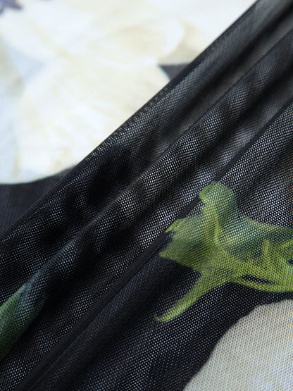 Gardenya Çiçekli File Pileli Tüp Midi Elbise