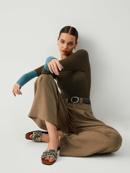 Kontrast Kollu Etek Ucu Uzun Kollu Örgü Üst
