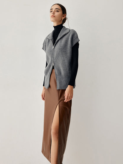 Açık Yaka Çift Fermuarlı Kavisli Hırka