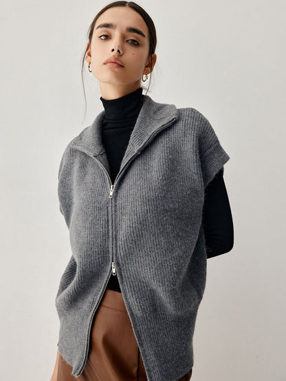 Açık Yaka Çift Fermuarlı Kavisli Hırka