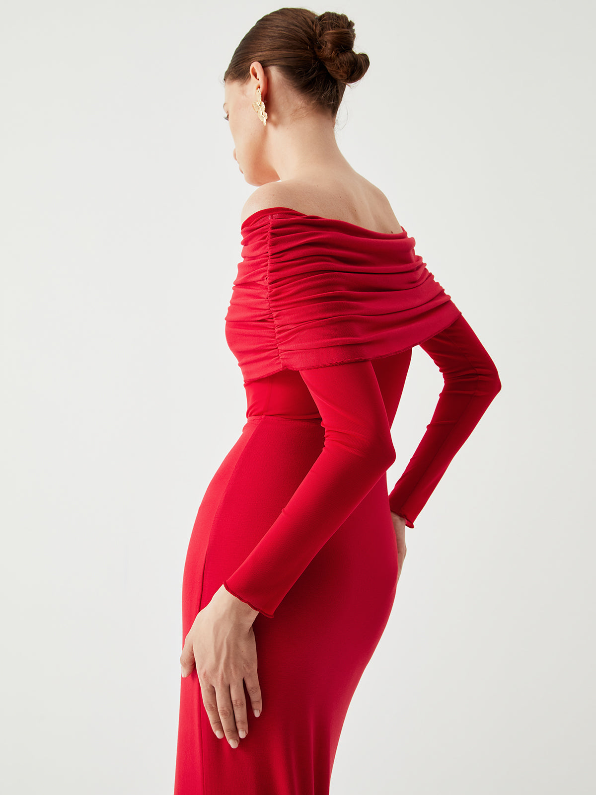 Yarı Şeffaf Omuzdan Bağlamalı Uzun Kollu File Elbise