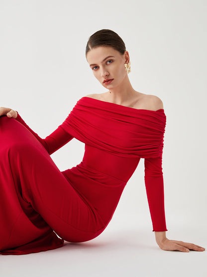 Yarı Şeffaf Omuzdan Bağlamalı Uzun Kollu File Elbise