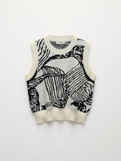 Kontrast Kenarlı Çiçekli Kazak Yelek