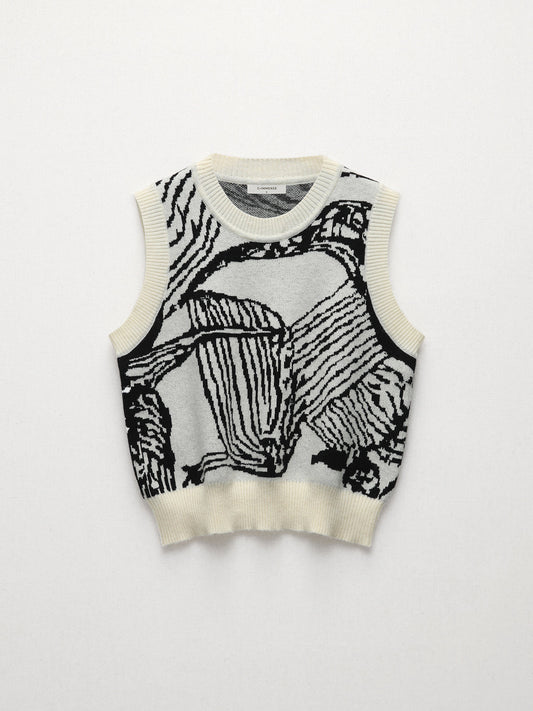 Kontrast Kenarlı Çiçekli Kazak Yelek