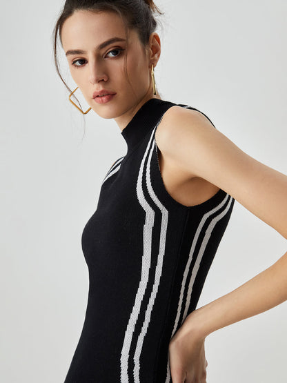 Örgü Asimetrik Kontrast Kesim Dik Yaka Midi Elbise