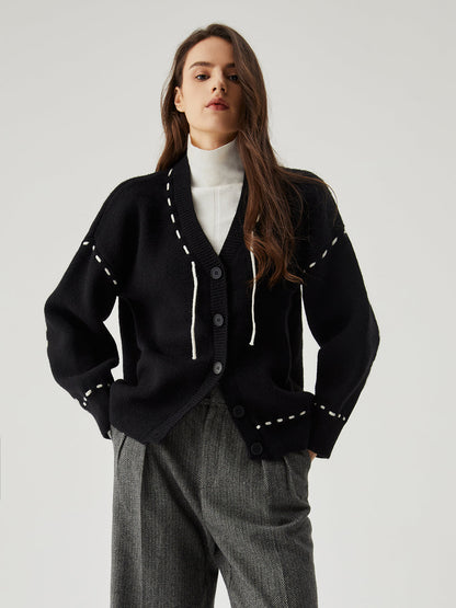 Örgü Kontrast Kesim Düğmeli Hırka