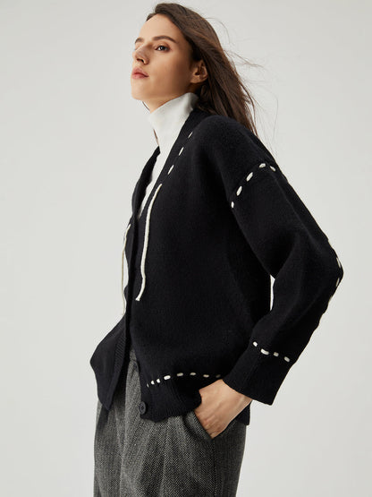 Örgü Kontrast Kesim Düğmeli Hırka