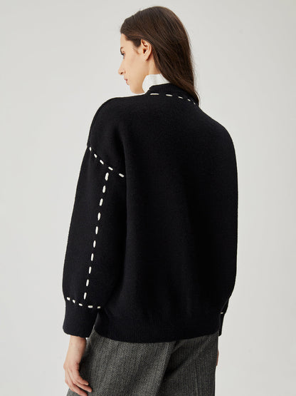 Örgü Kontrast Kesim Düğmeli Hırka