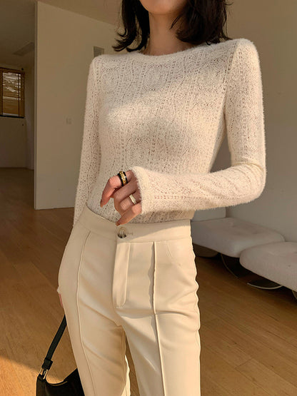 Çiçekli İçi Boş Örgü Yuvarlak Yaka Uzun Kollu Üst