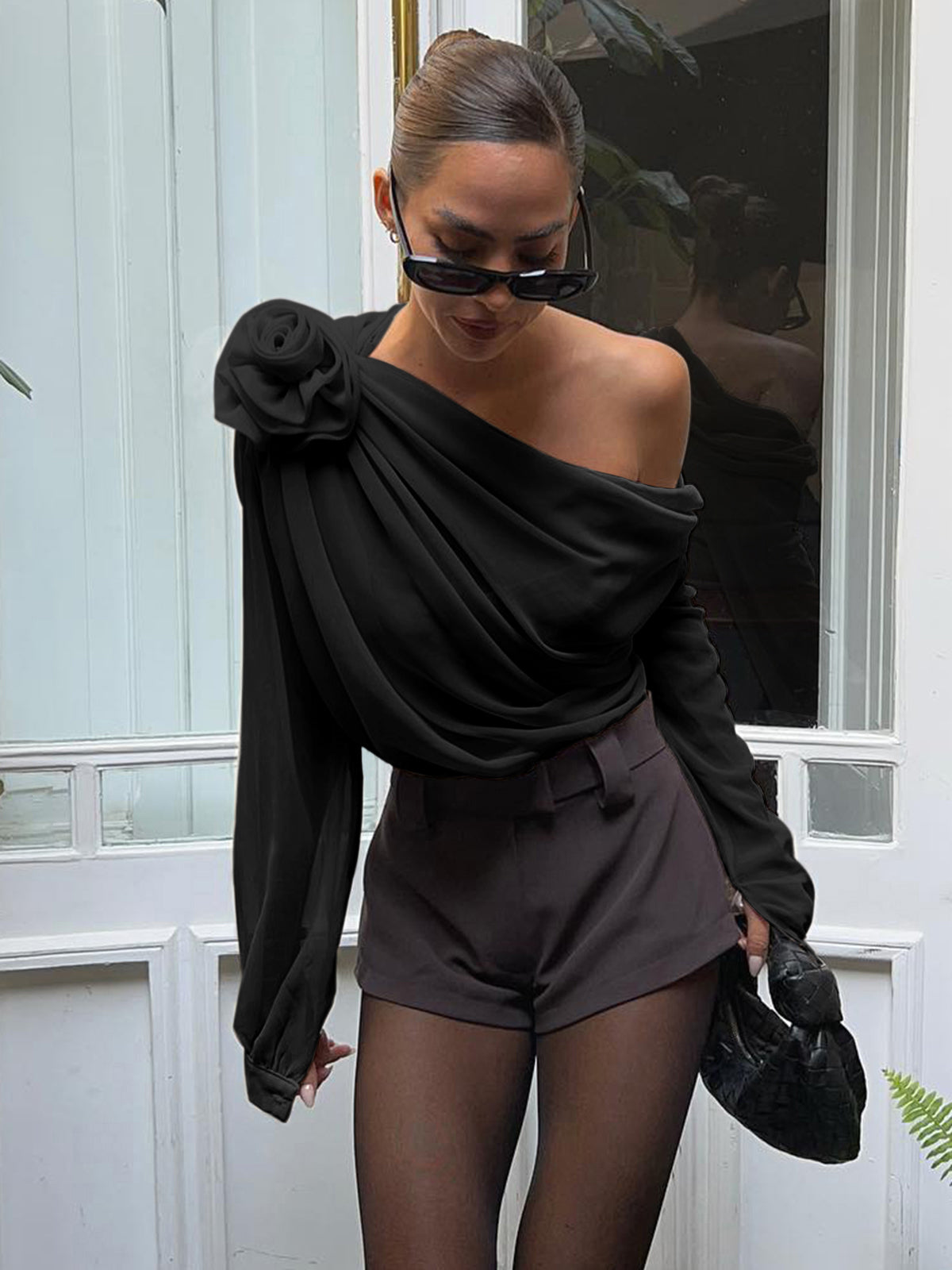 Şifon Yarı Şeffaf Tek Omuzlu Asimetrik Bluz