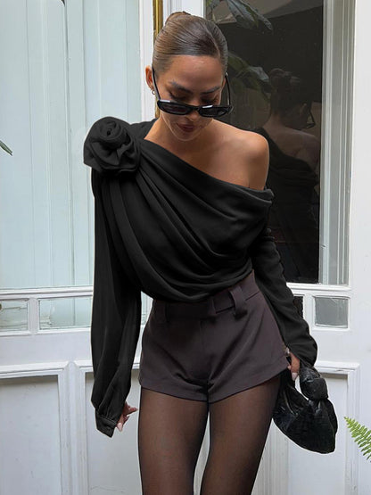 Şifon Yarı Şeffaf Tek Omuzlu Asimetrik Bluz