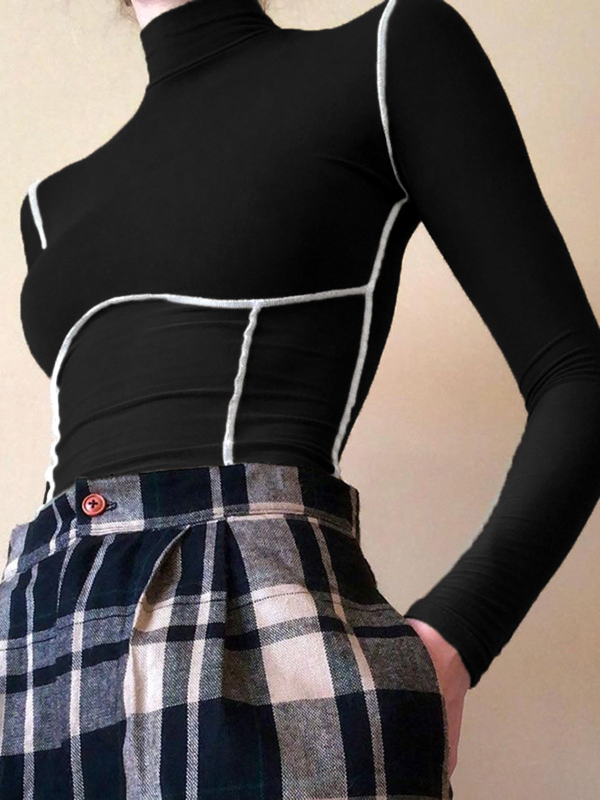 Kontrast Kesimli Uzun Kollu Balıkçı Yaka Üst