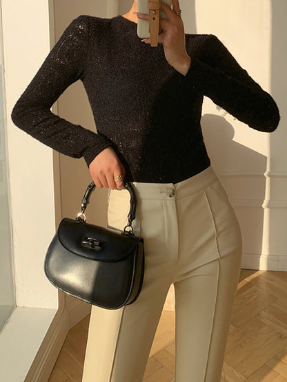 Çiçekli İçi Boş Örgü Yuvarlak Yaka Uzun Kollu Üst