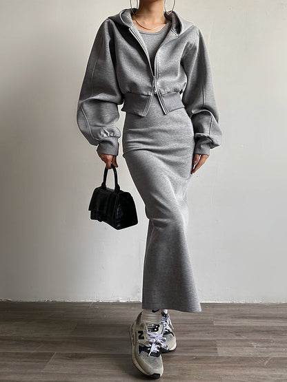 Düz Uzun Kollu Fermuarlı Kısa Kapüşonlu Üst