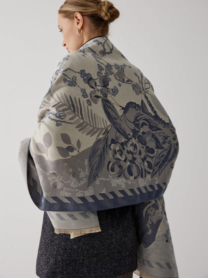 Vintage Bitki Çiçek Jakarlı Pamuklu Eşarp