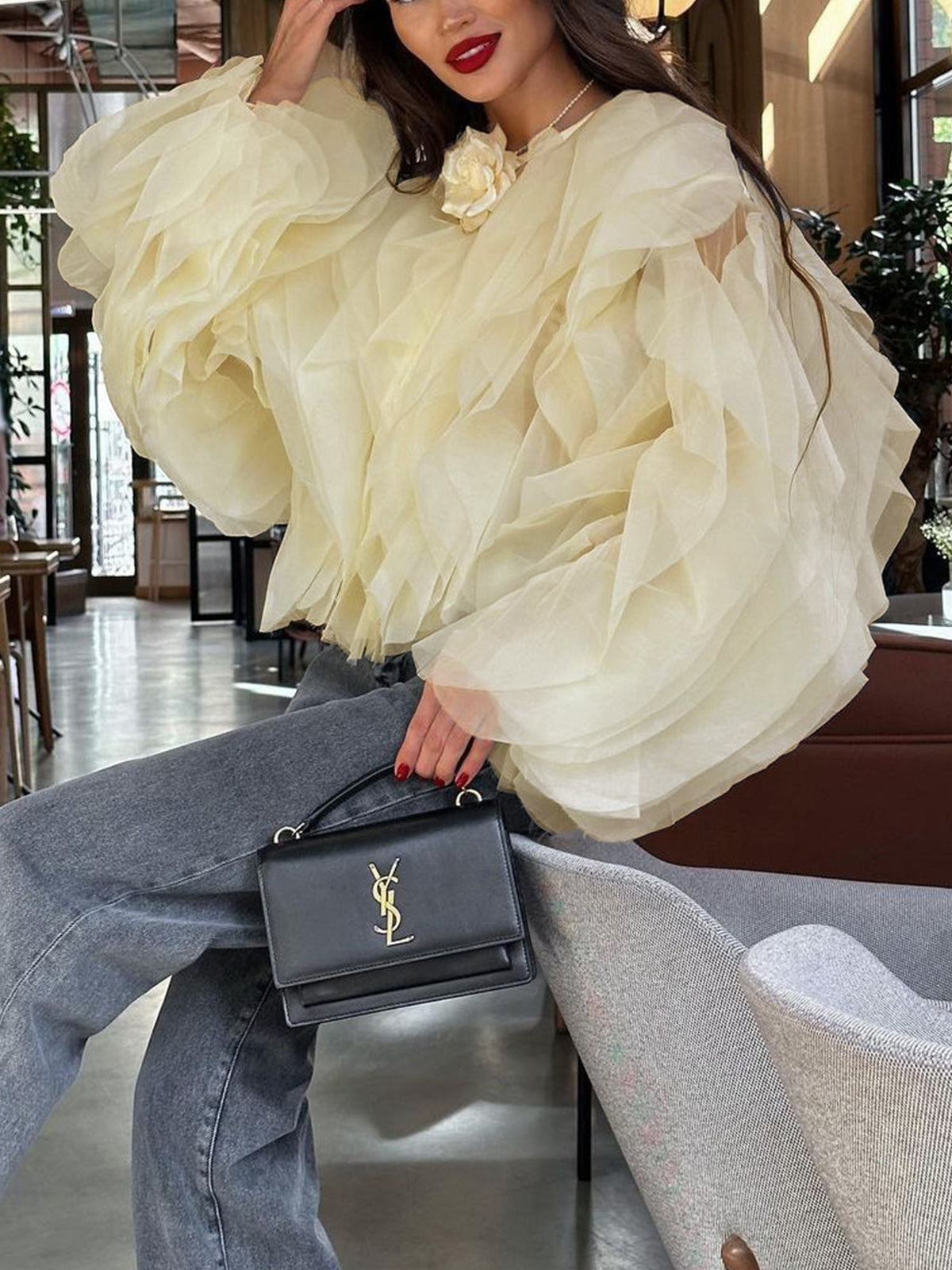 Yarı Şeffaf Şifon Fırfırlı Yuvarlak Yaka Bluz