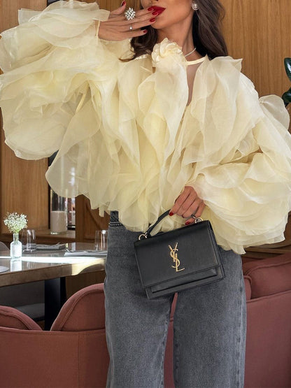 Yarı Şeffaf Şifon Fırfırlı Yuvarlak Yaka Bluz