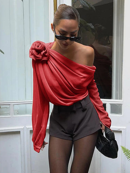 Şifon Yarı Şeffaf Tek Omuzlu Asimetrik Bluz