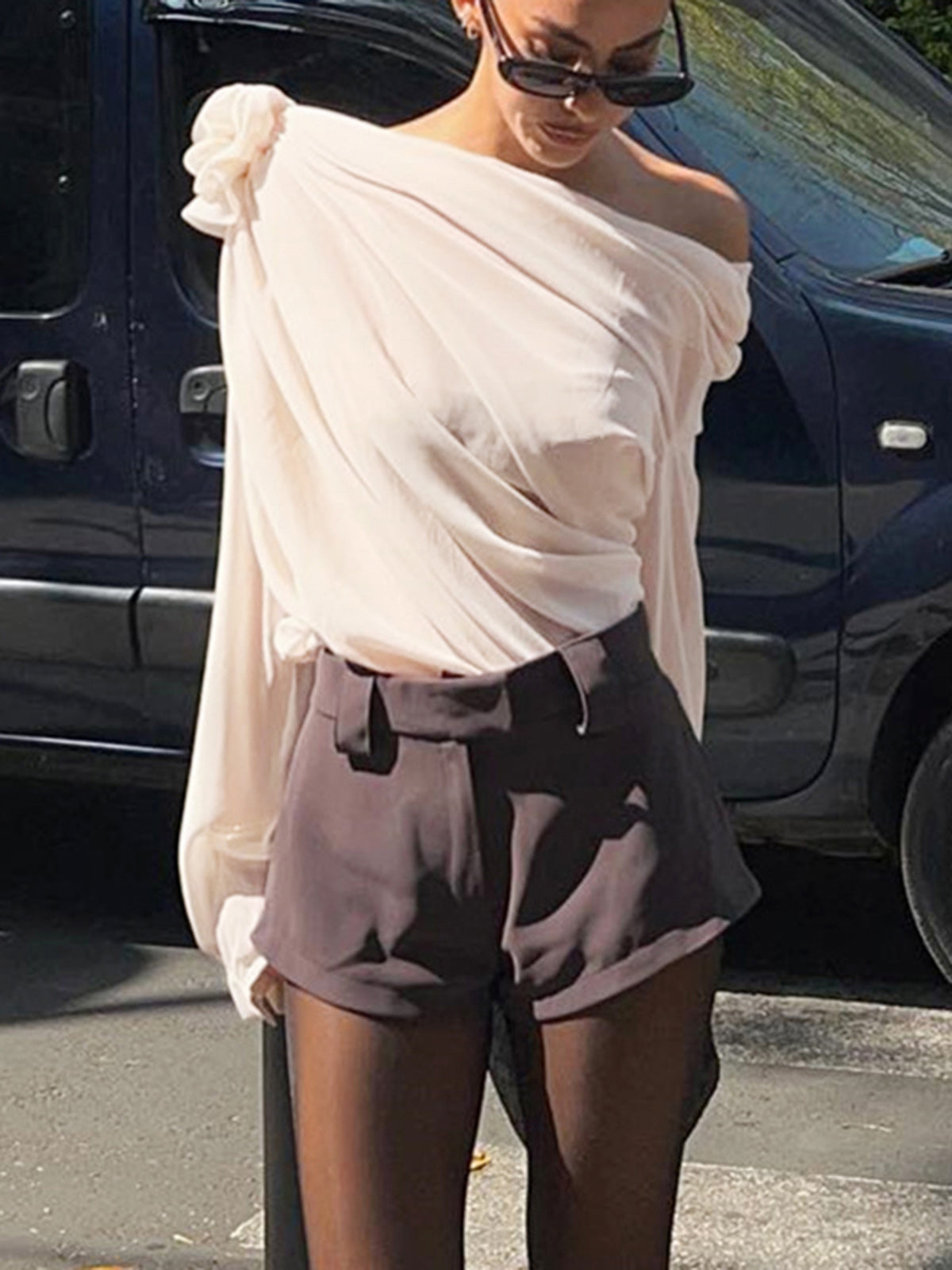 Şifon Yarı Şeffaf Tek Omuzlu Asimetrik Bluz