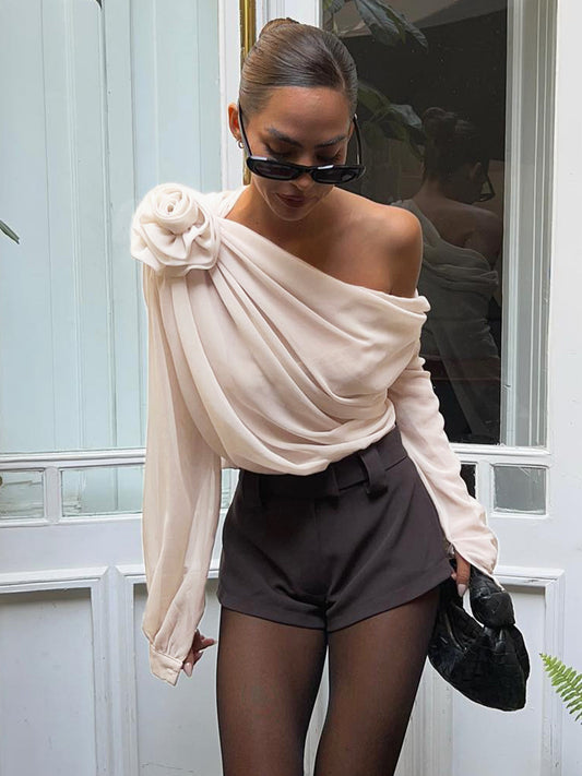 Şifon Yarı Şeffaf Tek Omuzlu Asimetrik Bluz