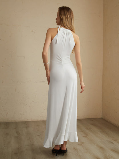 Bağcıklı Pileli Askılı Uzun Elbise