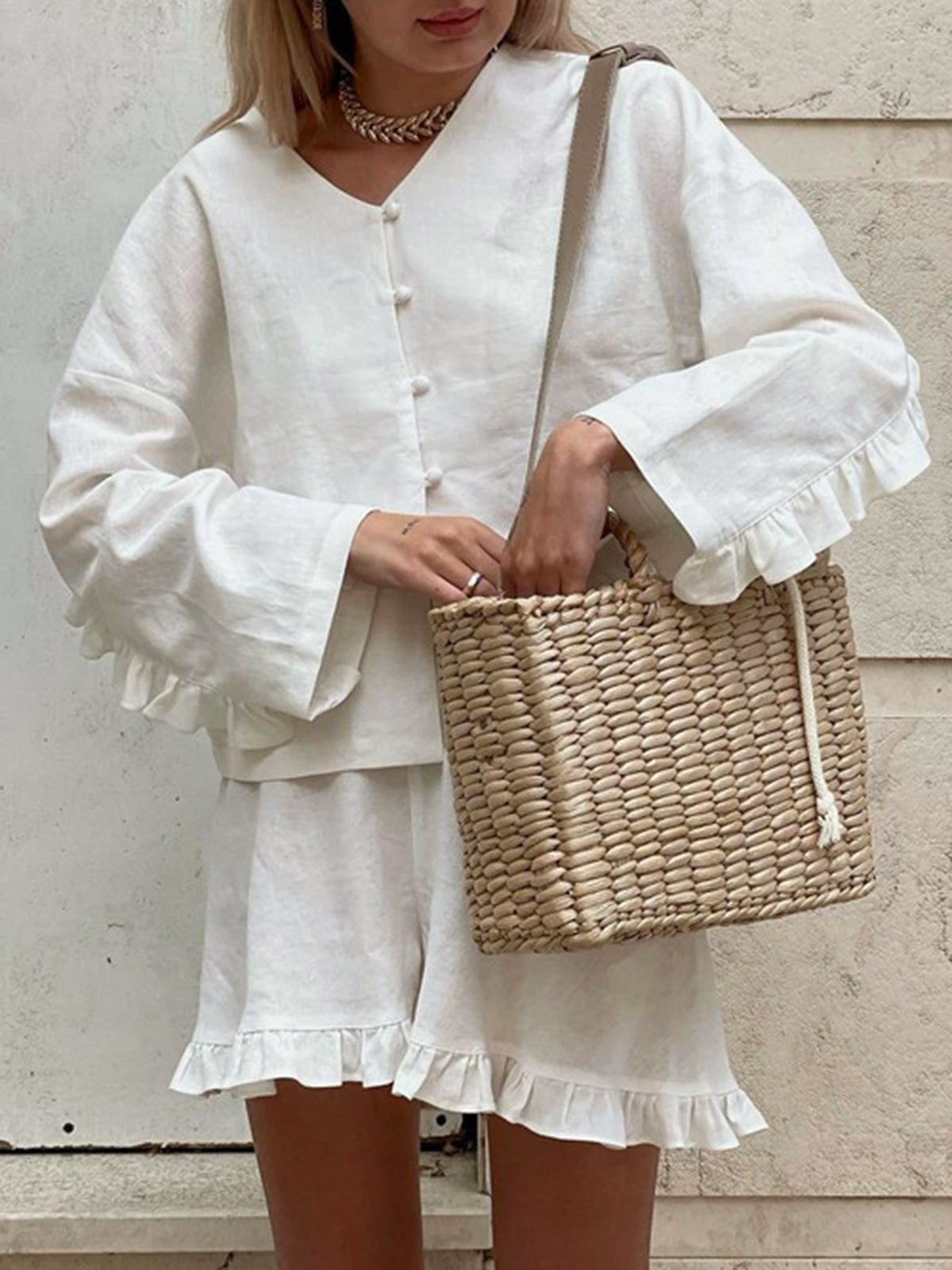 Saf Pamuklu Fırfırlı Dekor Şort Takımı