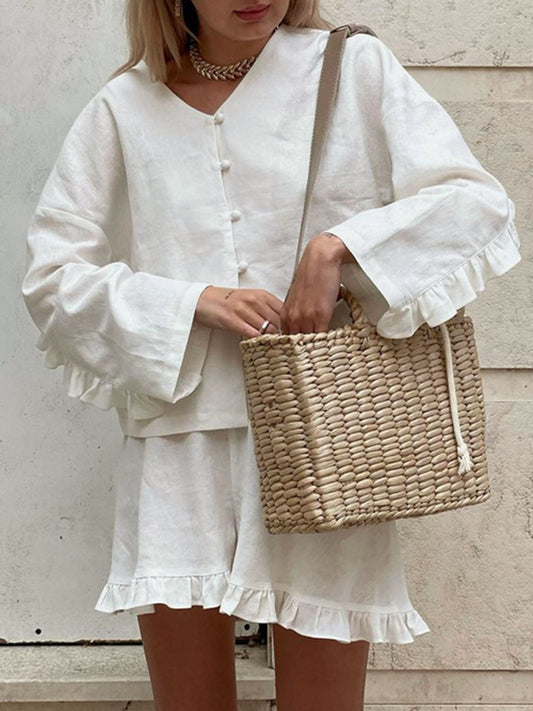 Saf Pamuklu Fırfırlı Dekor Şort Takımı